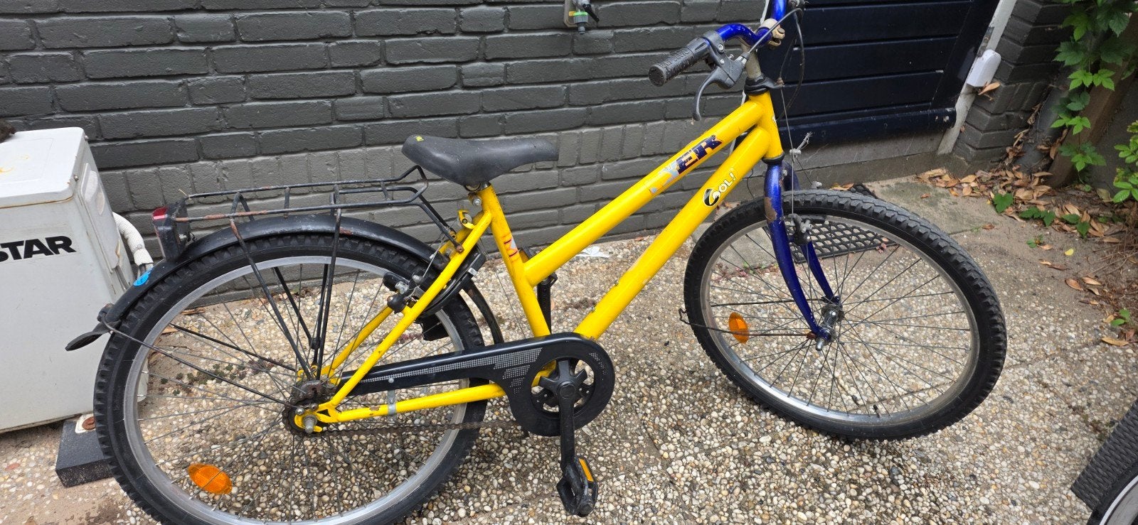 Kinderfiets geel - zadelhoogte 70 cm, Ophalen, Gebruikt, Terugtraprem, Minder dan 16 inch