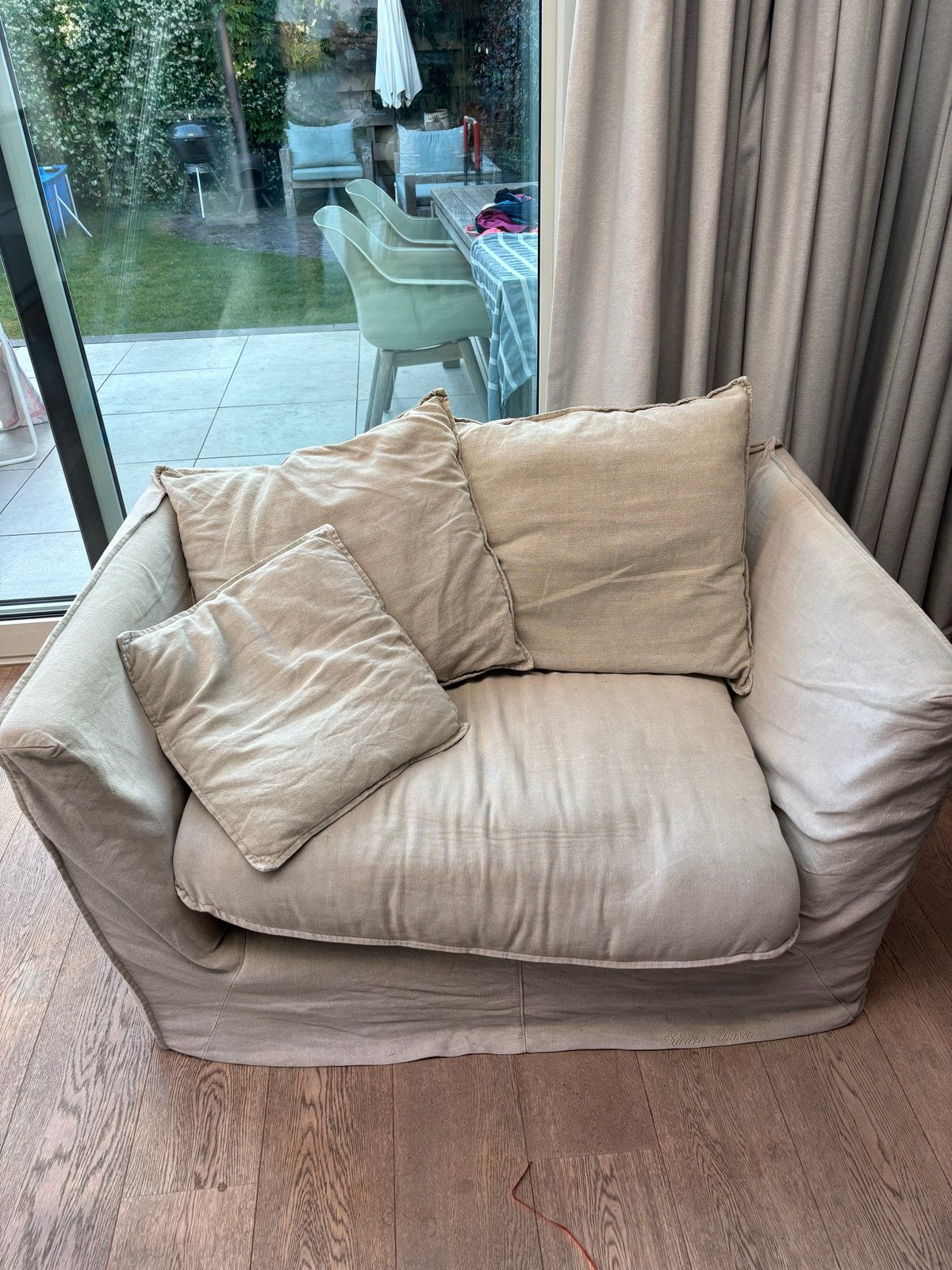 Comfortabele fauteuil met linnen bekleding, Ophalen, Gebruikt, Stof, 100 tot 125 cm