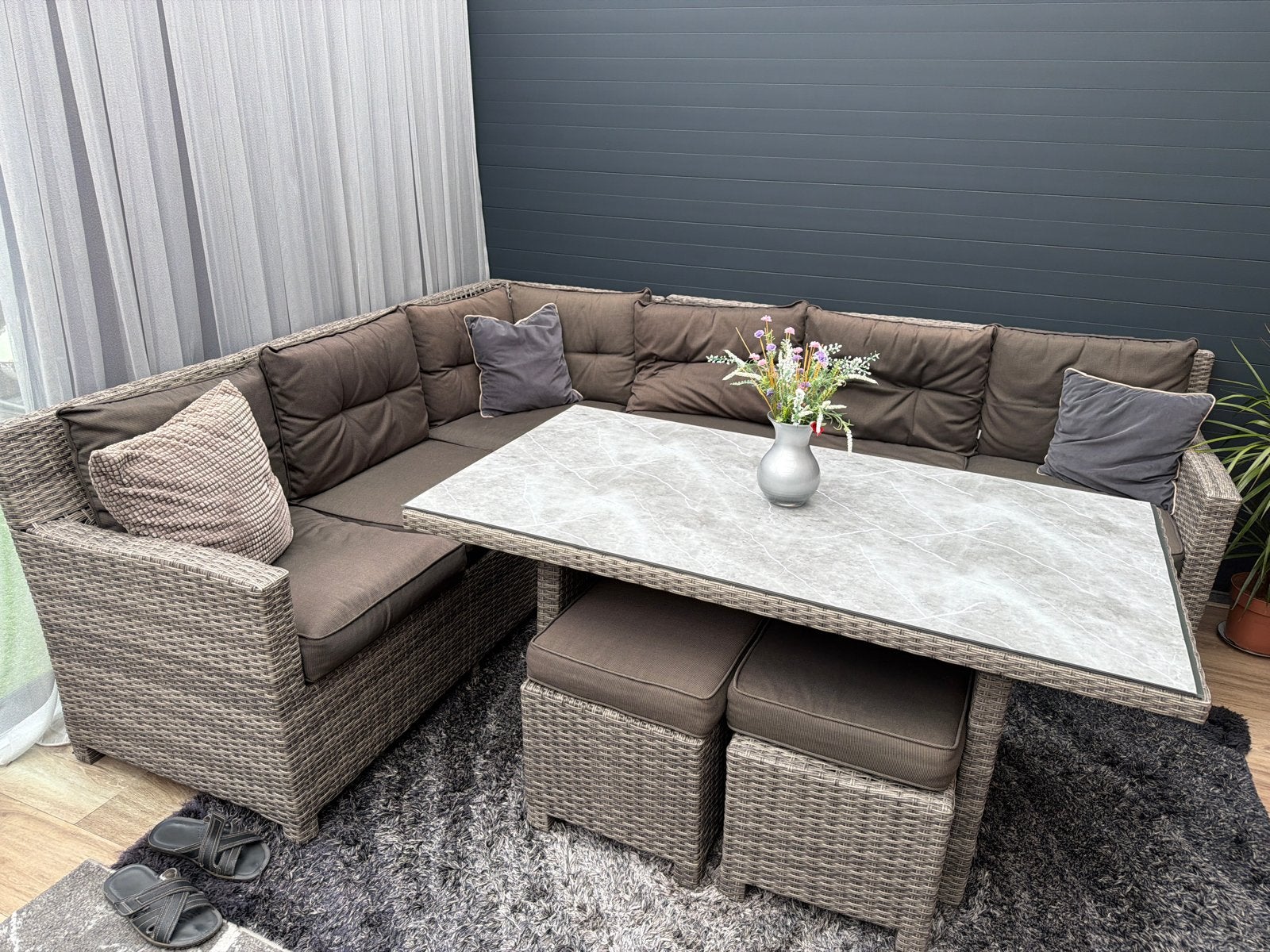Luxe Wicker Loungeset met Eettafel en Hocker, Tuin en Terras, Tuinsets en Loungesets, Meer dan 8 zitplaatsen, Ophalen of Verzenden