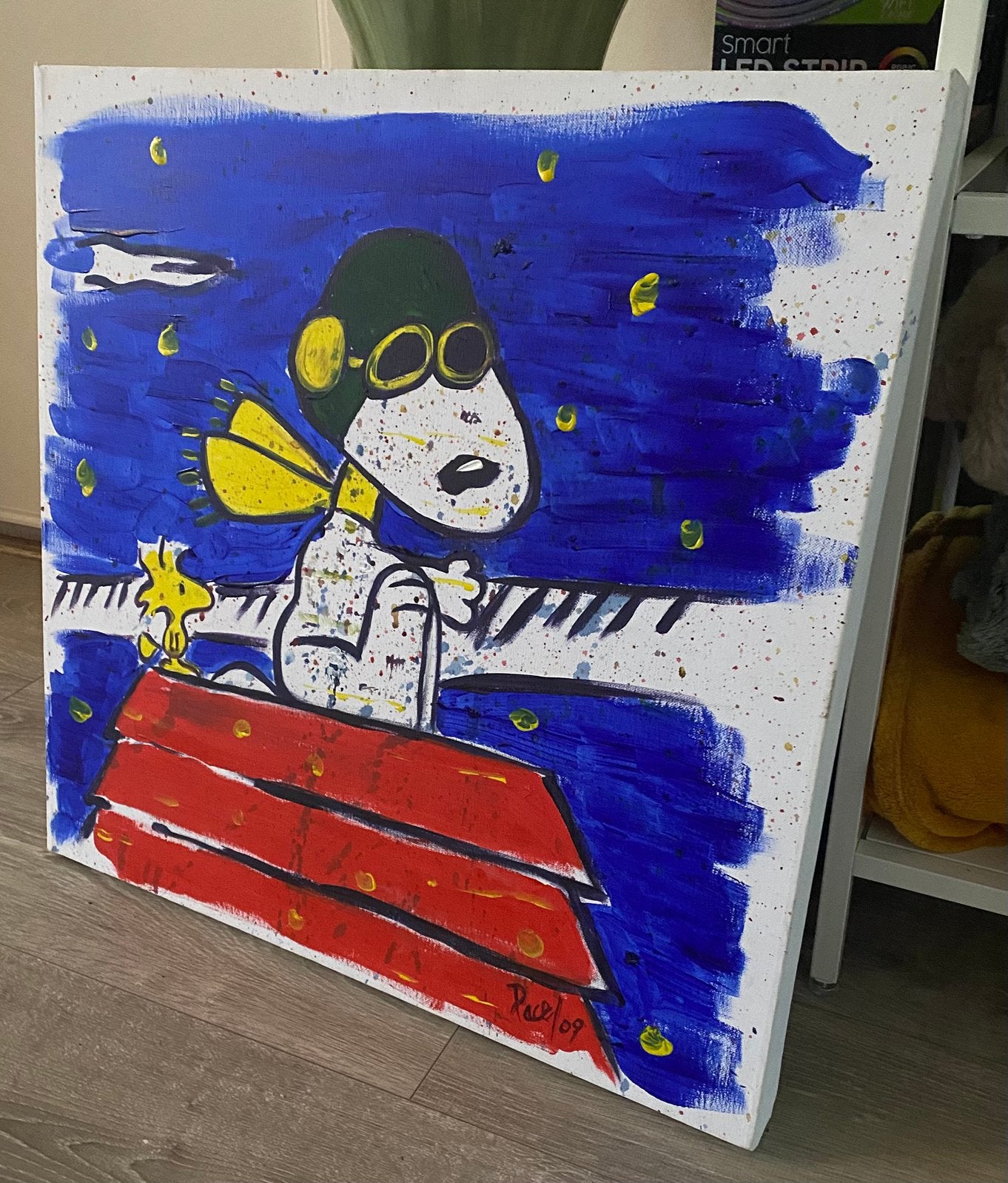 2 Vintage canvas kunstwerken, Snoopy en zijn vriendje 2009, Ophalen, Acrylverf, Handgeschilderd, Overige materialen