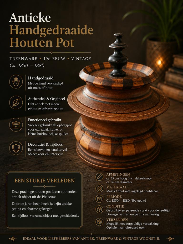 Antieke houten treenware pot met deksel – 19e eeuw, Overige onderwerpen, Houtsnijwerk, Minder dan 20 cm, Ophalen of Verzenden