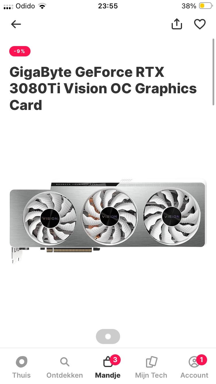 GIGABYTE GeForce RTX 3080 ti, Ophalen of Verzenden, Zo goed als nieuw, GDDR6, PCI-Express 4