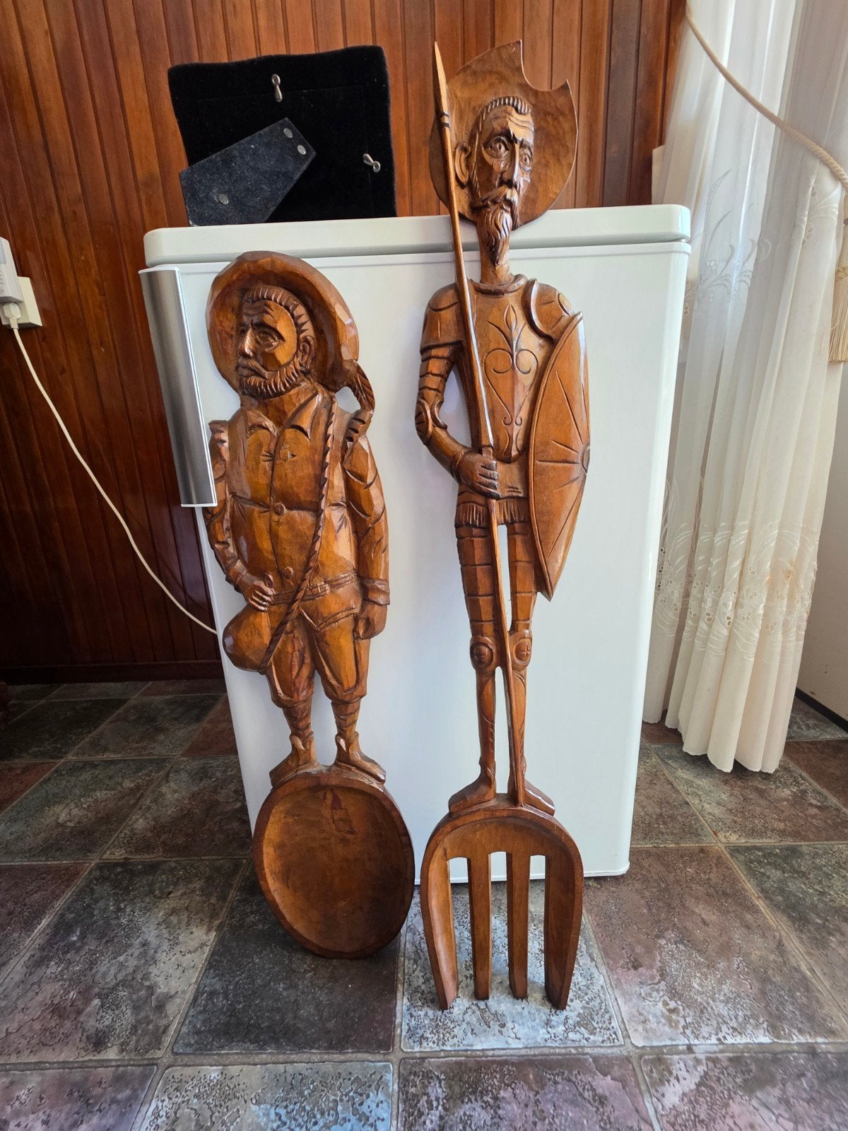 Don Quichot en sancho panza houten lepel en vork handgemaakt, Antiek en Kunst, Kunst | Beelden en Houtsnijwerken, Houtsnijwerk