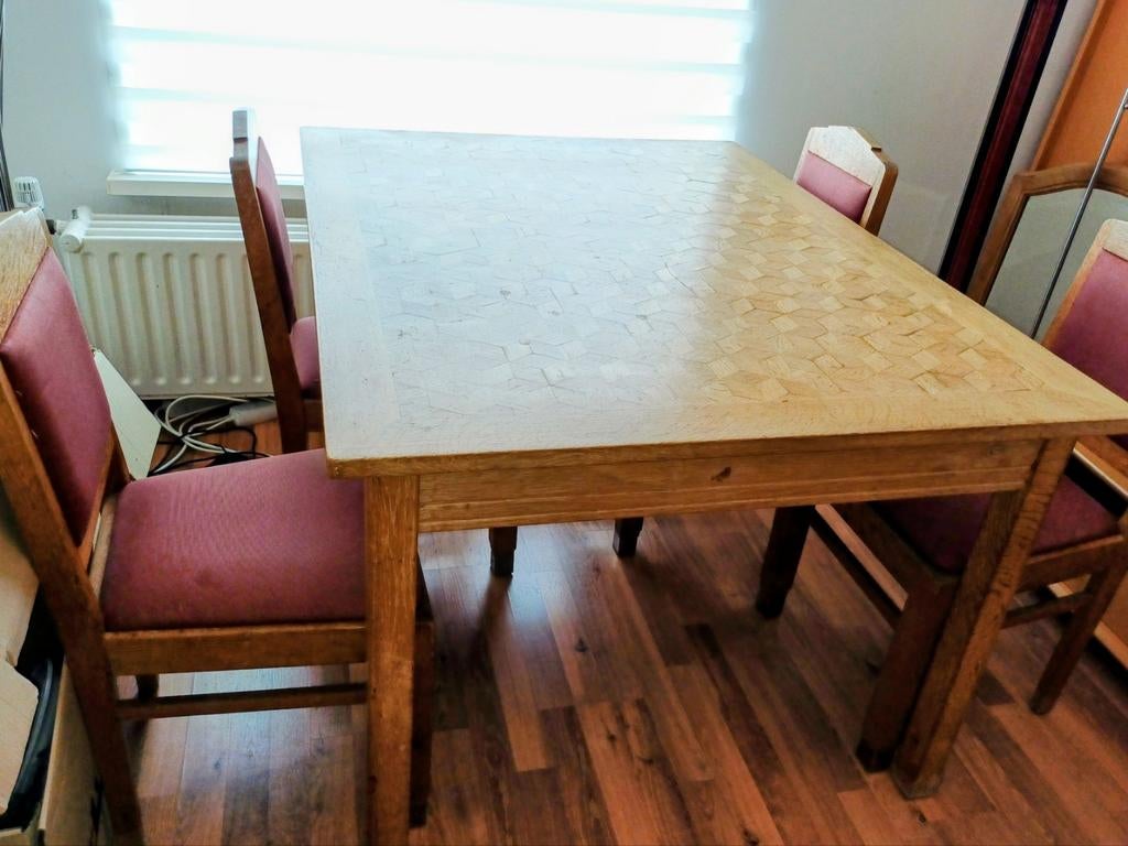 Antieke Art Deco eikenhouten eettafel met 4 stoelen, Ophalen