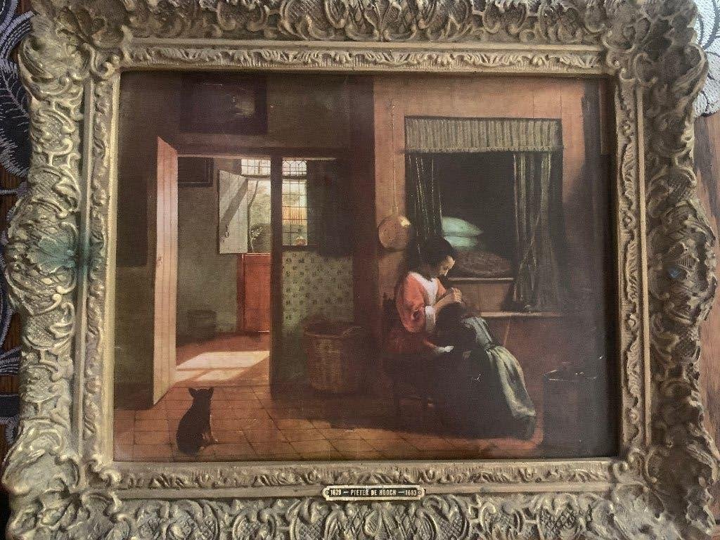 Oud schilderij met klassieke scène in sierlijke lijst, Ophalen of Verzenden