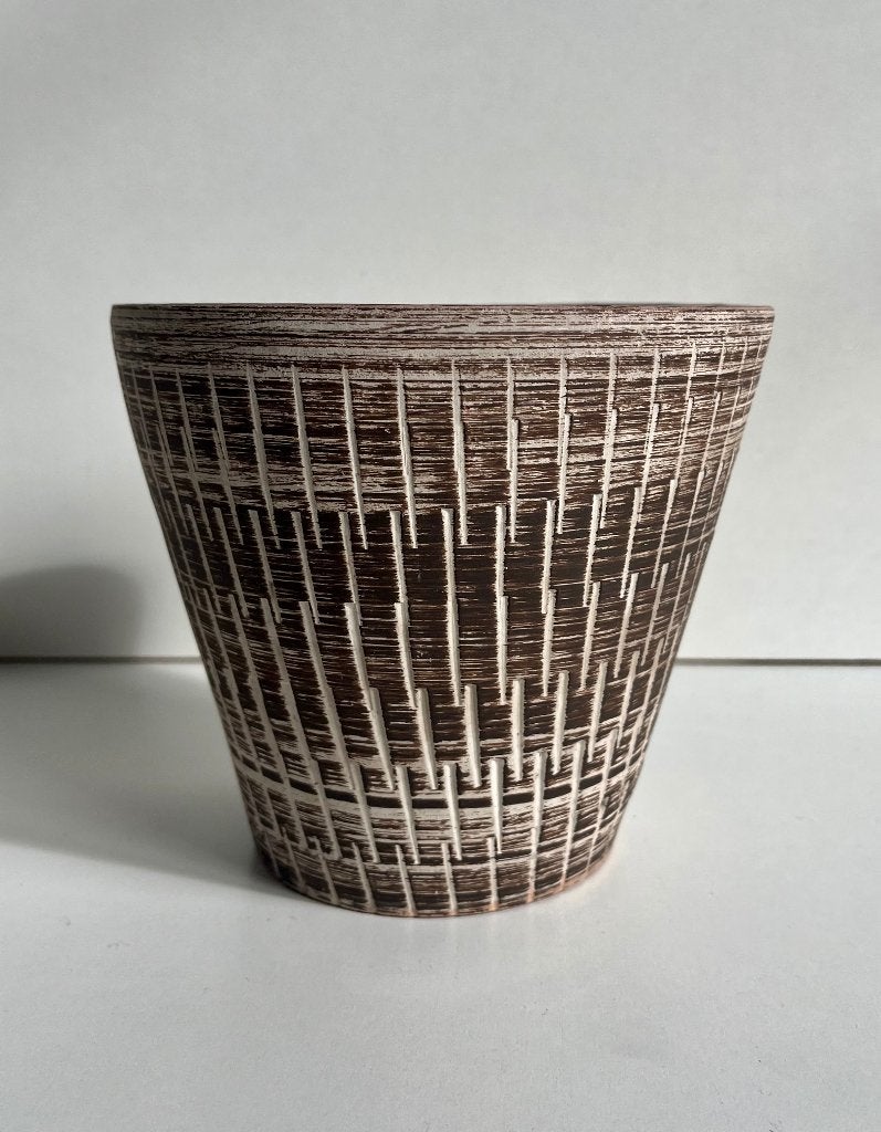 Bruinwitte vintage bloempot (H 13 x D 14 cm, jaren 60), Antiek en Kunst, Ophalen of Verzenden
