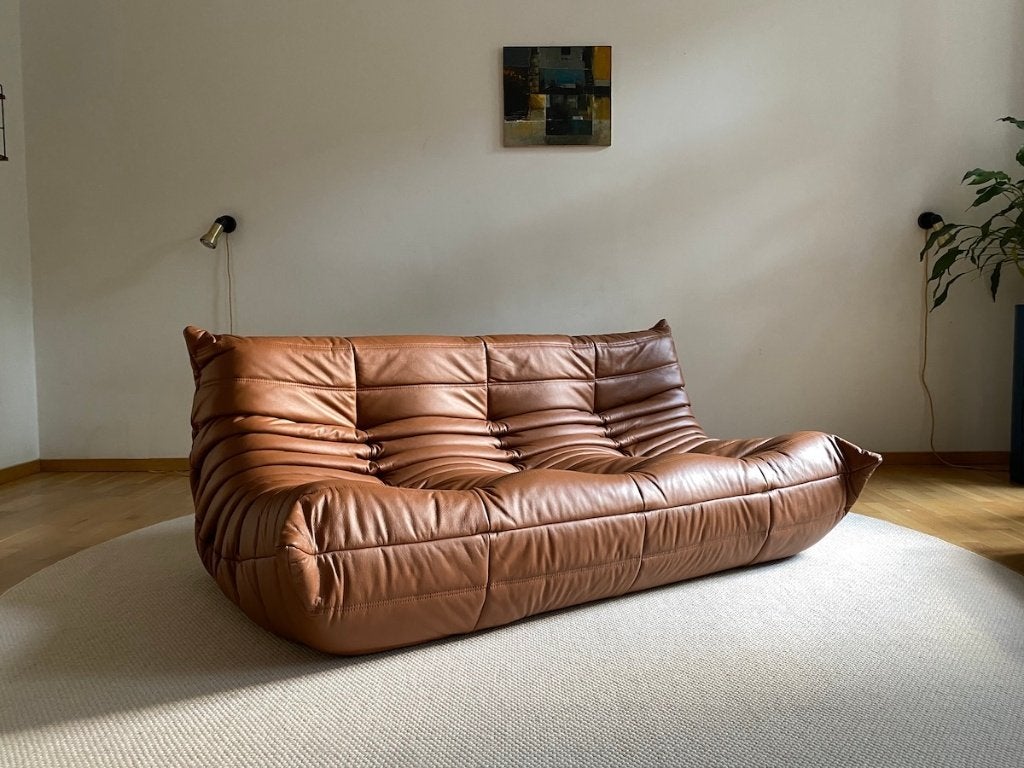 Ligne Roset - Togo - 3-zitter Bank/Sofa - Cognac Bruin Leer, Huis en Inrichting, Banken | Bankstellen, 150 tot 200 cm, Driepersoons