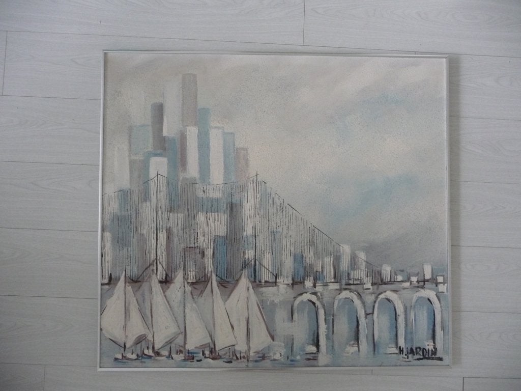 Schilderij - GEZICHT VAN ZEILSCHEPEN EN WOLKENKRABBERS, Antiek en Kunst, Kunst | Schilderijen | Modern, Ophalen, Overige materialen
