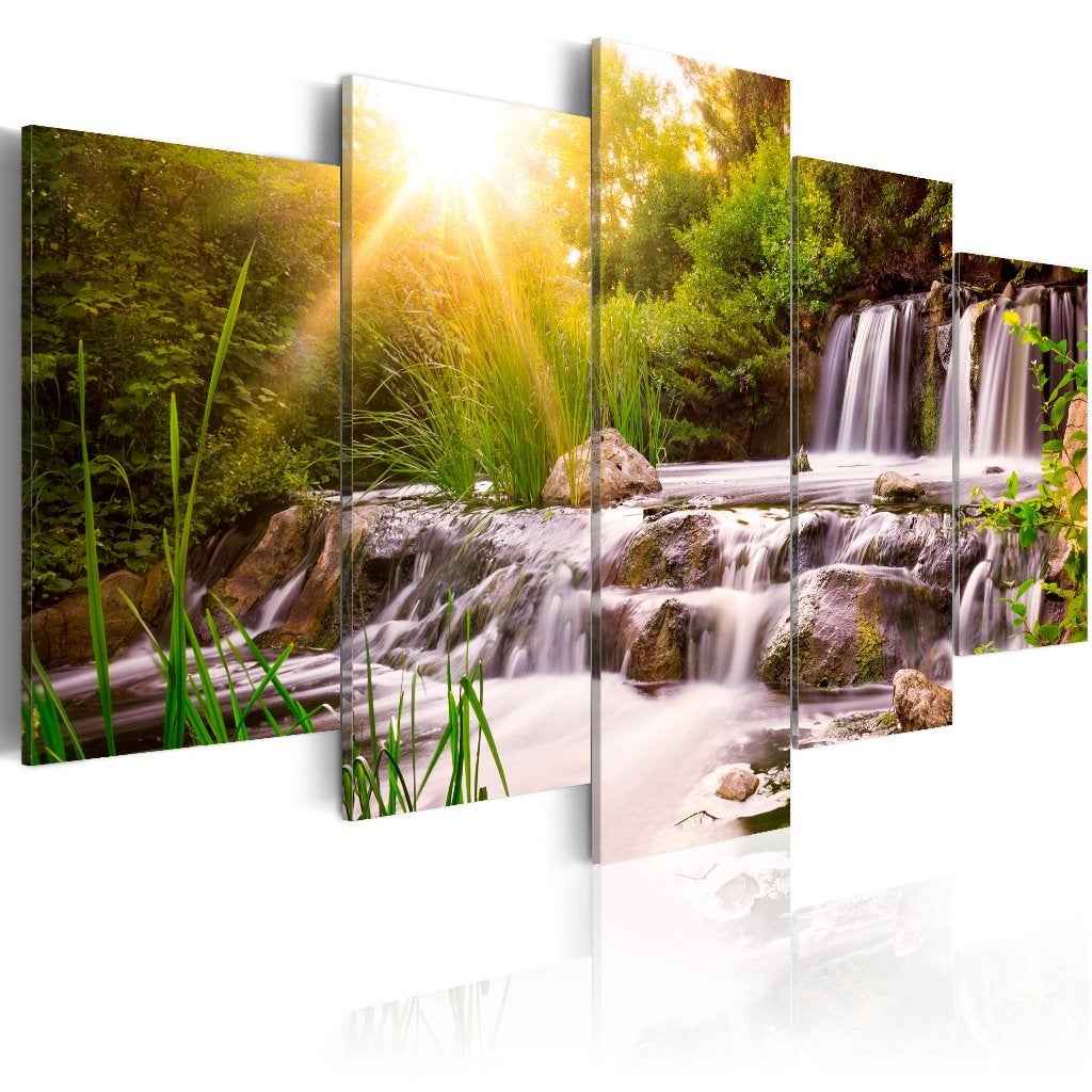 671 Waterval Natuur 5 Luik Canvas Schilderij 200x100 Nieuw, Ophalen of Verzenden, Landschap