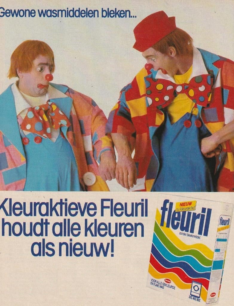 Retro reclame 1985 Fleuril wasmiddel draagkoffer clowns, Verzenden, Overige typen