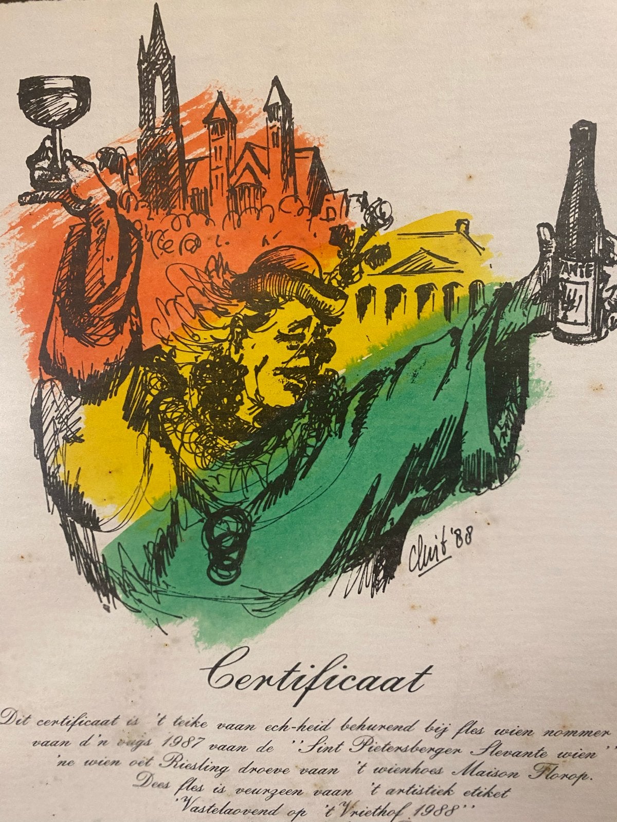 Certificaat Sint Pietersberger Slevante Wijn 1988, Ophalen of Verzenden