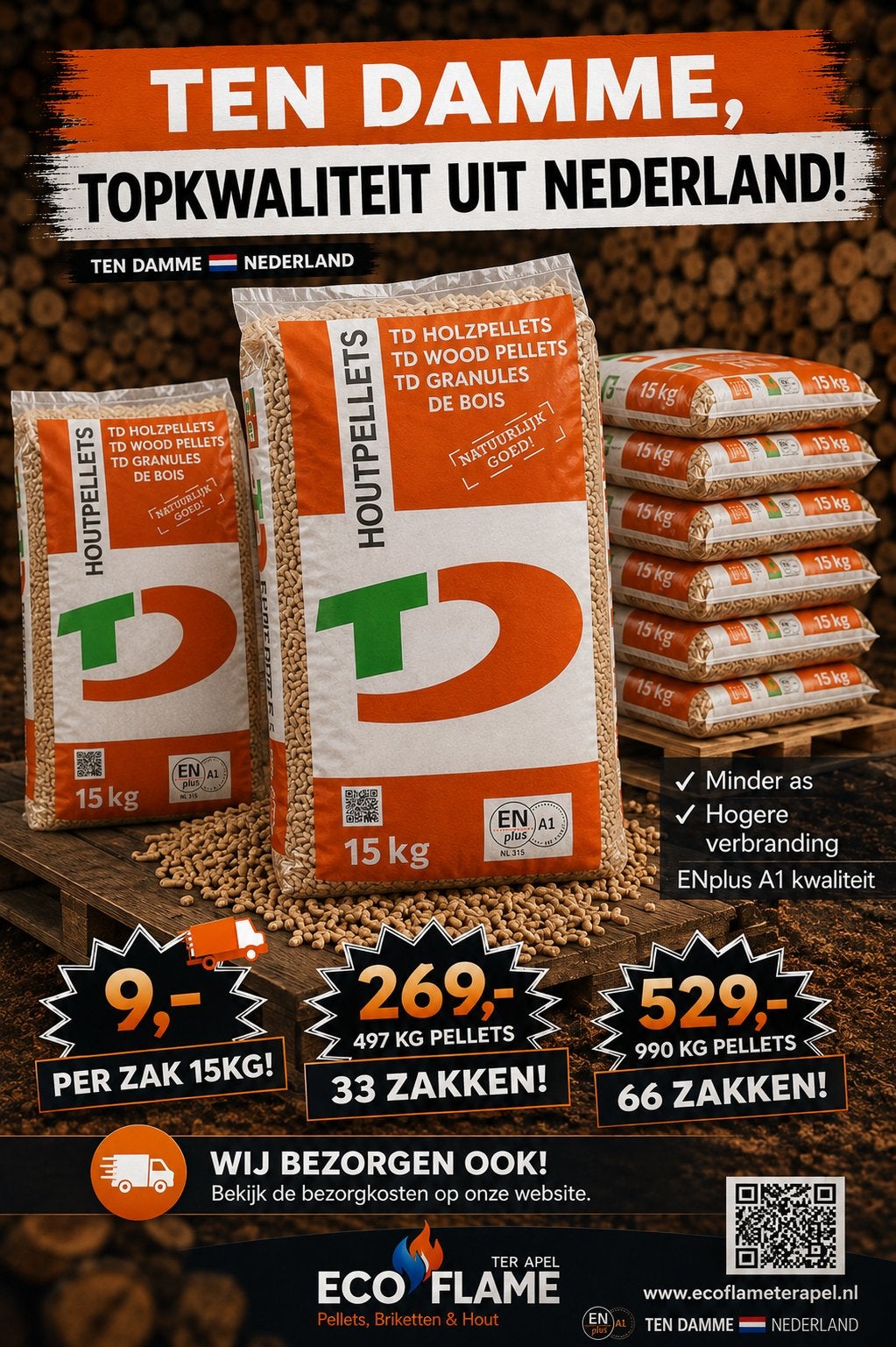 TEN DAMME EXCELLENT HOUTPELLETS, KWALITEIT uit NEDERLAND🇳🇱, Tuin en Terras, 6 m³ of meer, Ophalen of Verzenden, Overige houtsoorten