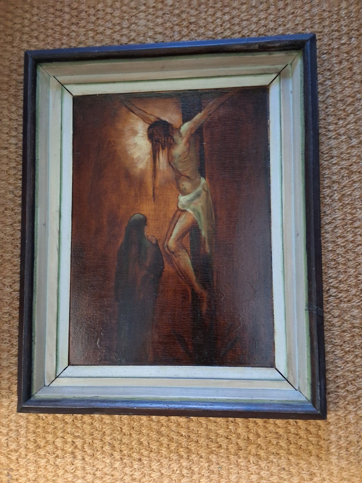 Portret op paneel: Wenende Maria bij Christus aan kruis, Antiek en Kunst, Ophalen of Verzenden, Ingelijst, Portret of Personen