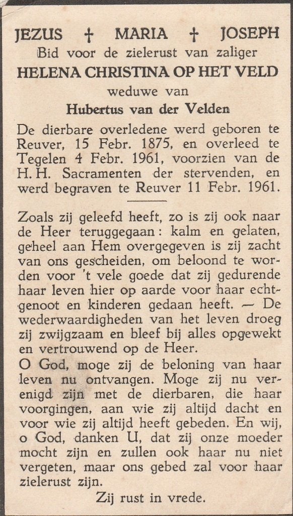 bp tegelen-op het veld-vencent-slabbers-seuren-pijls-hekkens, Ophalen of Verzenden, Bidprentje