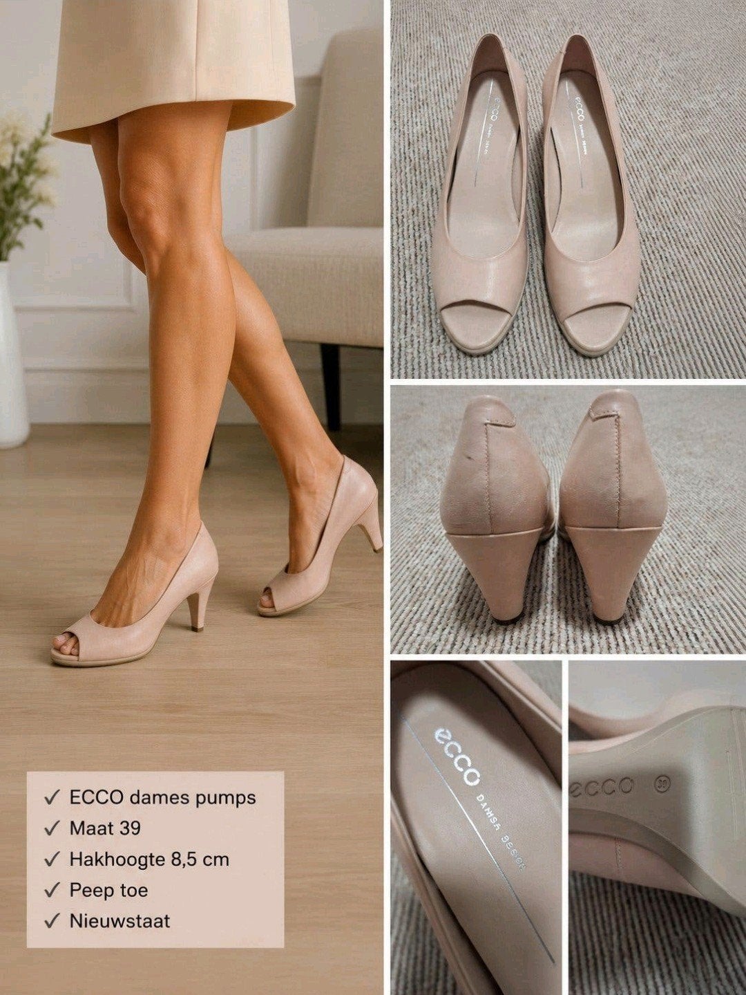 ECCO Damespumps Nude/Poederroze Leer Peep-toe Maat 39, Pumps, ECCO, Ophalen of Verzenden, Zo goed als nieuw