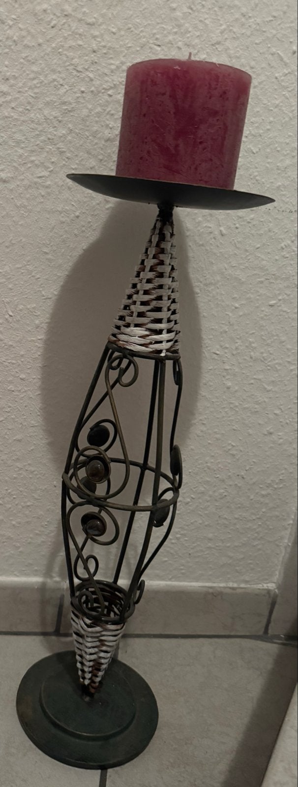 Decoratieve Kandelaar met Rotan en Metaal, Gebruikt, Meerkleurig, Ophalen of Verzenden, Metaal