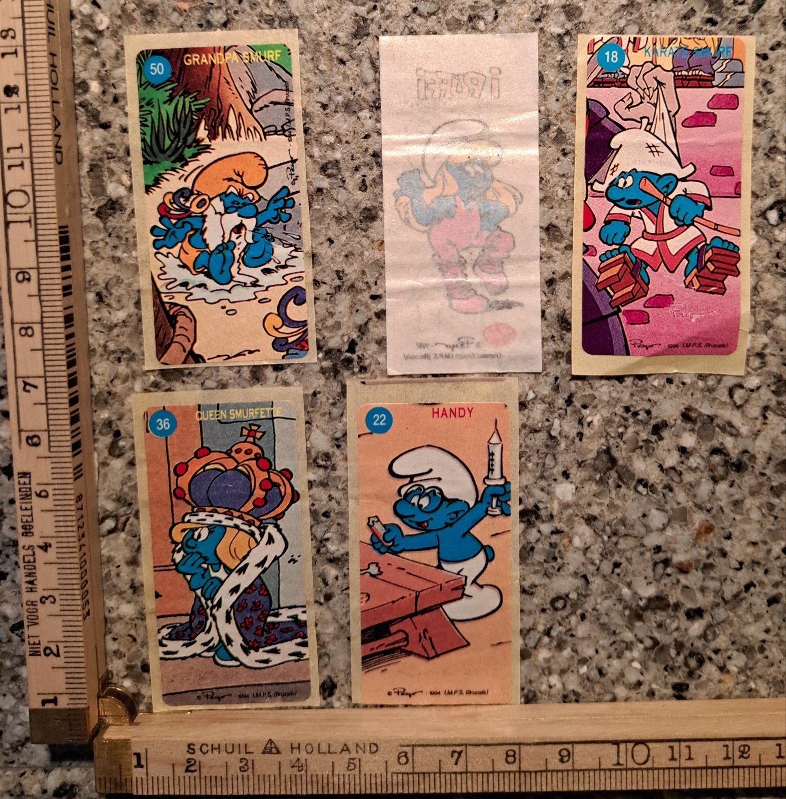 5 vintage stickers Smurfen Peyo Topps Panini? Jaren 70, Ophalen of Verzenden, Zo goed als nieuw