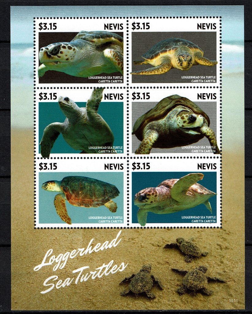 NEVIS 2015 PF BLOK SCHILDPADDEN REPTIELEN TURTLES ZEELEVEN 1, Ophalen of Verzenden, Postfris, Dier of Natuur