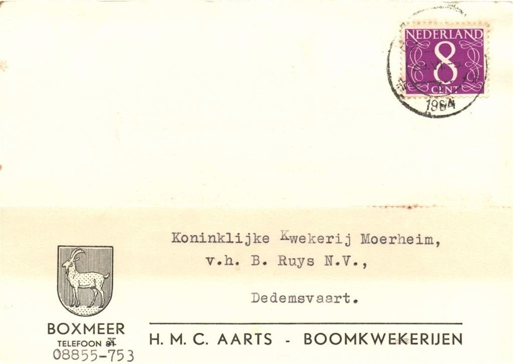 H.M.C. Aarts, Boomkwekerijen, Boxmeer - 06.1964 - briefkaart, Ophalen of Verzenden, Briefkaart