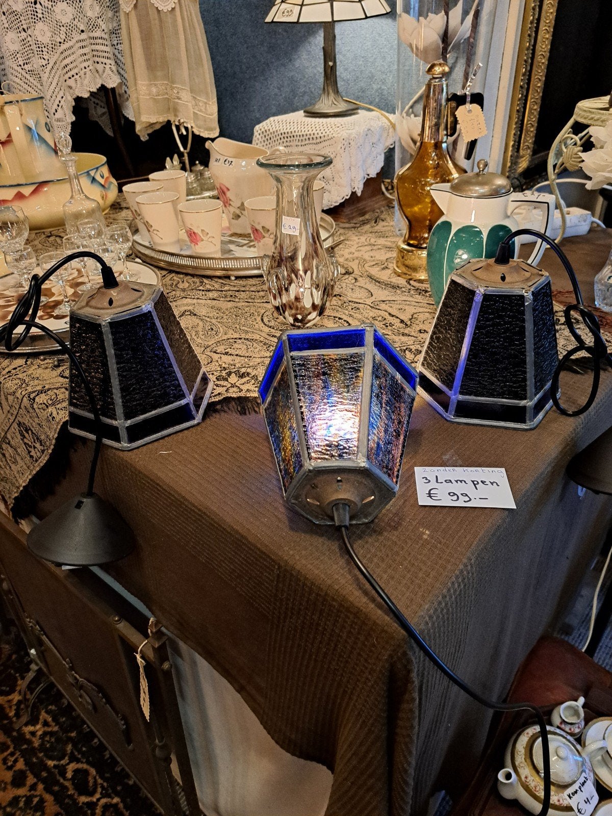 3 antieke glas en lood lampen, Ophalen of Verzenden