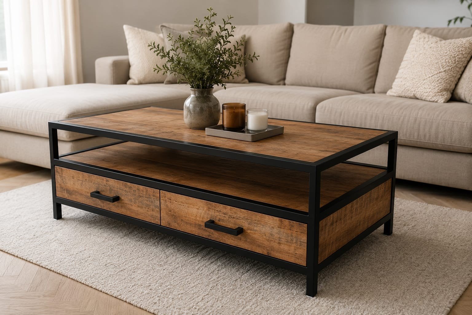 Industriële salontafel mango hout Woonexpress, 100 tot 150 cm, 50 tot 100 cm, Industrieel, Ophalen