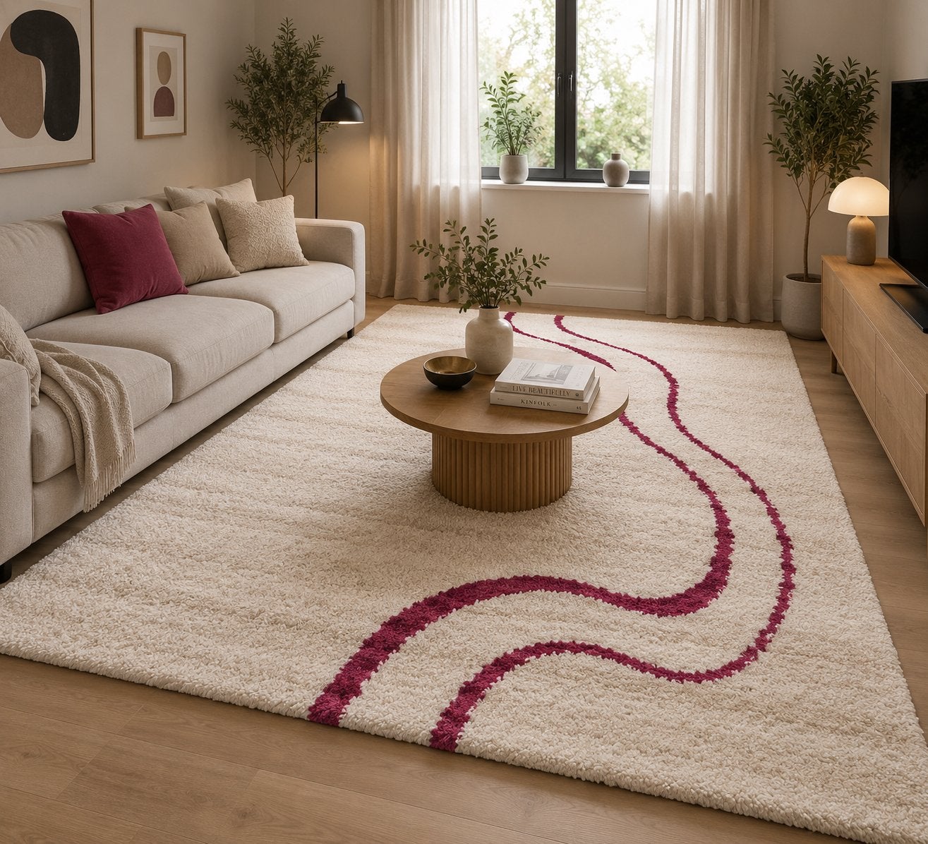Vierkant hoogpolig vloerkleed - Crème met roze accent, Gebruikt, 150 tot 200 cm, Vierkant, 200 cm of meer