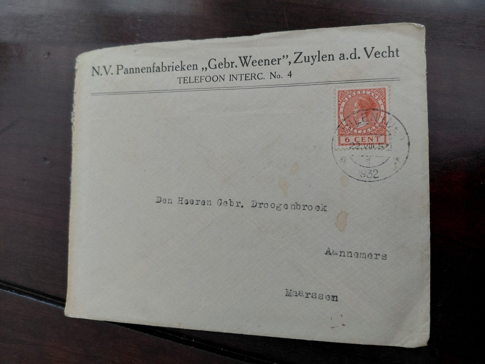 Envelop  N.V.  PANNENFABRIEKEN "GEBR. WEENER ZUILEN  1932, Ophalen of Verzenden, Envelop
