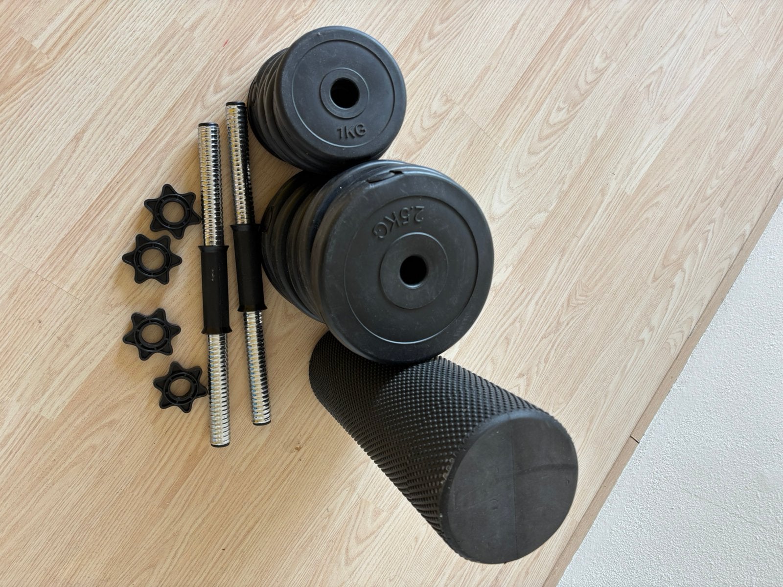 Halterset + foam roller, Ophalen, Zo goed als nieuw