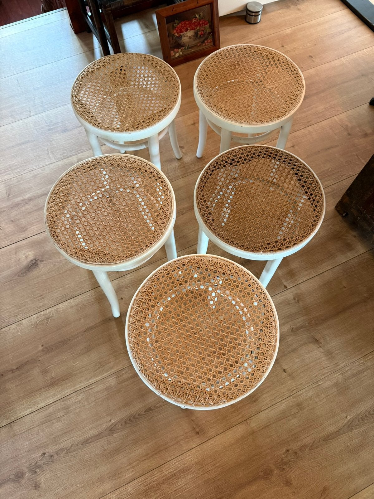 5 Thonet krukjes krukken webbing gestempeld wit, Huis en Inrichting, Ophalen, Gebruikt, Hout