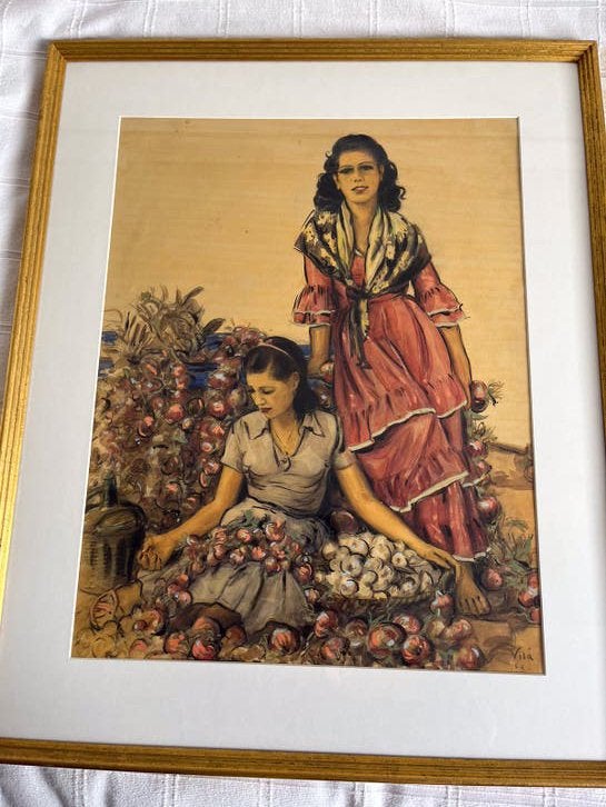 Emilio Vilà pastel gouache uienverkoopsters - handsigned, Ophalen of Verzenden