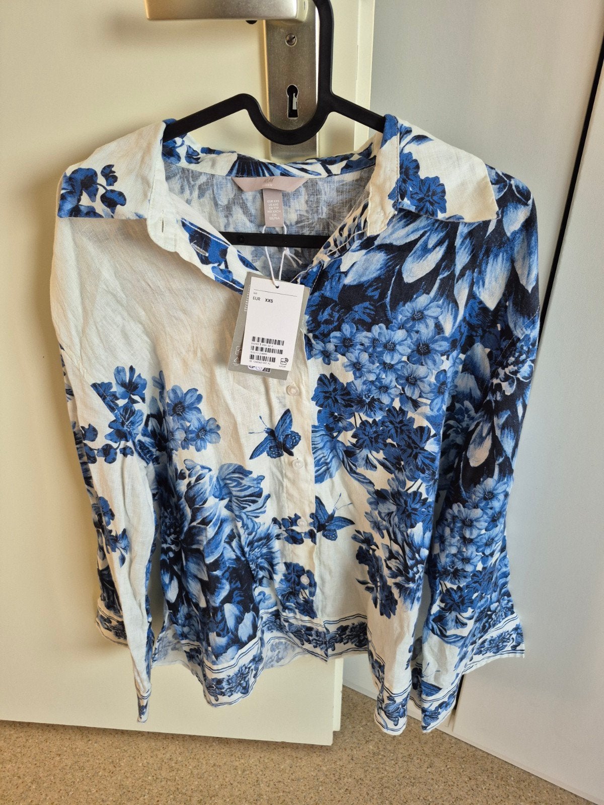 H&M Linnen Blouse met Blauw Bloemenpatroon - Nieuw, H&M, Blauw, Nieuw, Ophalen of Verzenden
