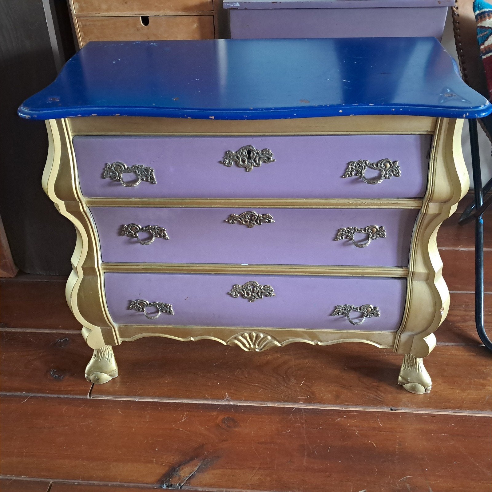 Unieke vintage commode met 3 lades - Blauw & Paars, Ophalen