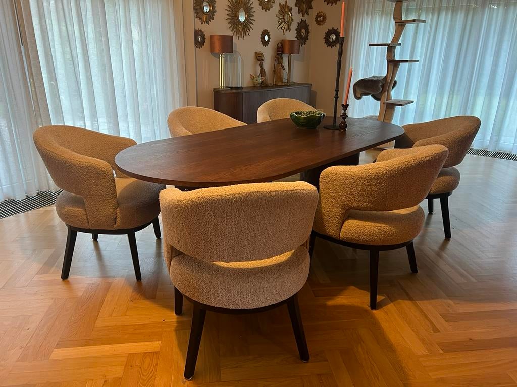 Eettafel Noten ovaal ZitMaxx met 6 luxe fauteuils, Ophalen, Zo goed als nieuw