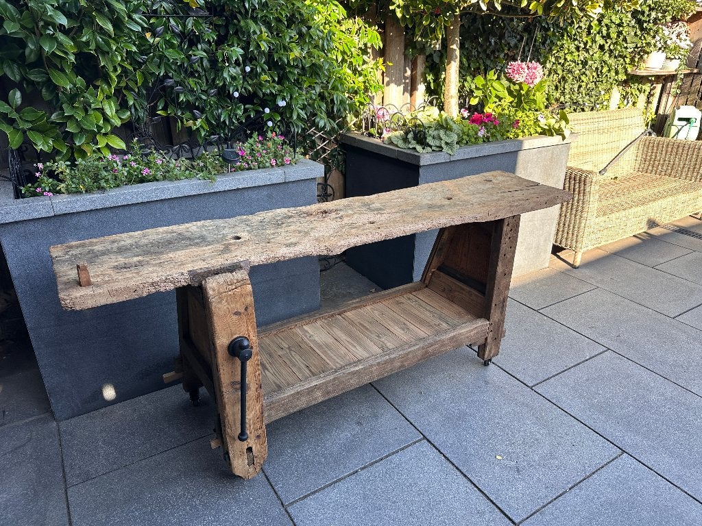 Prachtige oude franse eikenhouten werkbank., Ophalen, Gebruikt, 170 cm of meer, Bankschroef