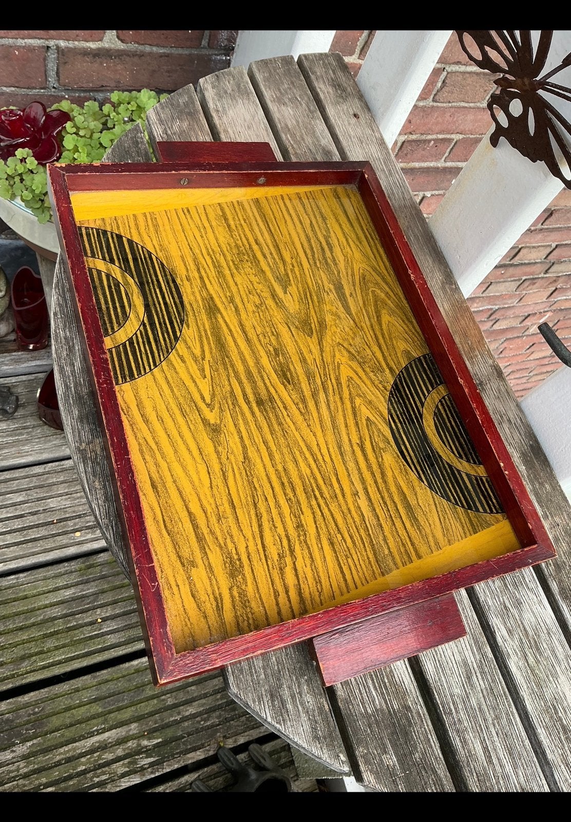 Oud vintage, 50er jaren houten dienblad met houtnerf patroon, Verzamelen, Ophalen of Verzenden