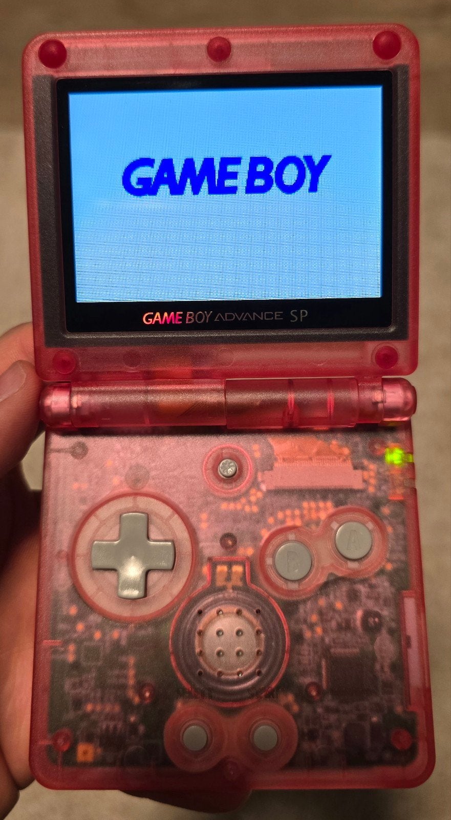 Transparant Roze Game Boy Advance SP - (IPS screen mod), Spelcomputers en Games, Spelcomputers | Nintendo Game Boy, Gebruikt, Game Boy Advance SP