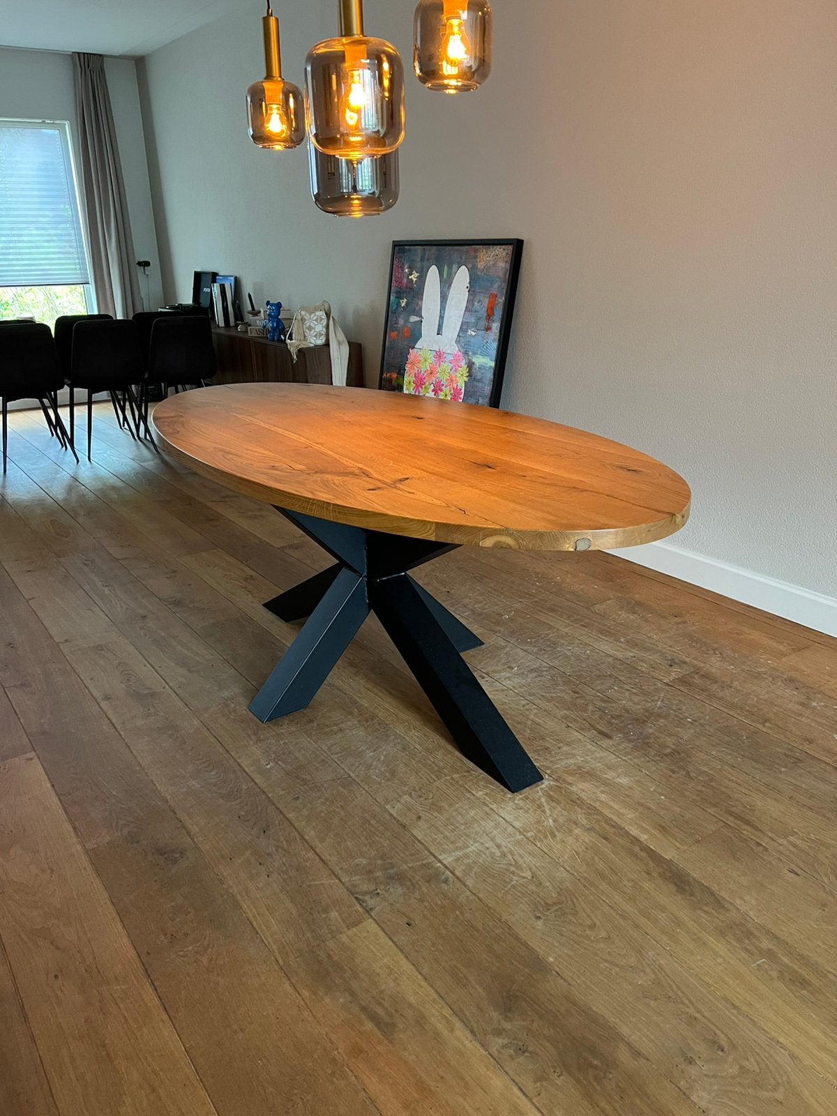 Ovale houten eettafel, Ophalen, 100 tot 150 cm, 200 cm of meer, Zo goed als nieuw