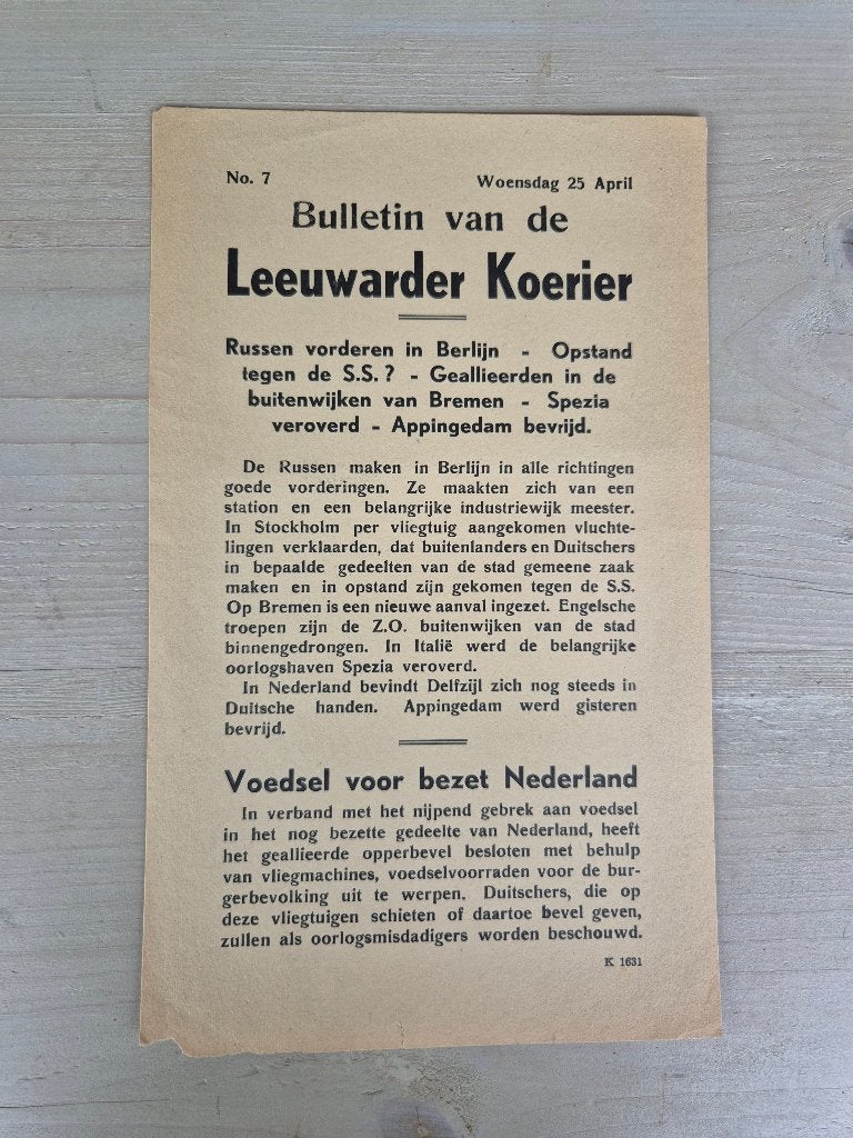 Illegale pers verzetskrant Leeuwarder Koerier No.7, 25 april, Ophalen of Verzenden, Nederland, Overige typen