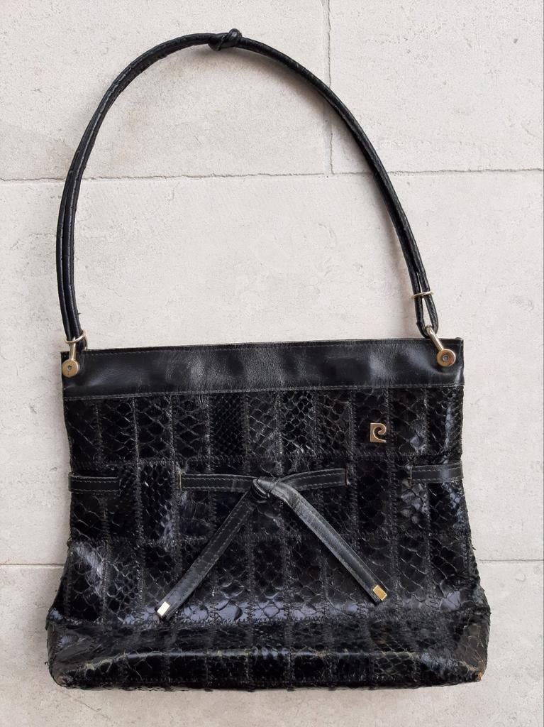 Vintage zwarte lederen tas. Slangenmotief., Ophalen of Verzenden, Gebruikt, Zwart, Schoudertasje