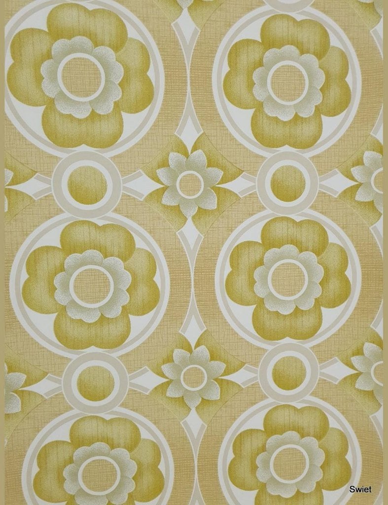 14014 geel 70s bloemen groovy vintage  retro behang swiet, Ophalen of Verzenden, Minder dan 10 m², Wit