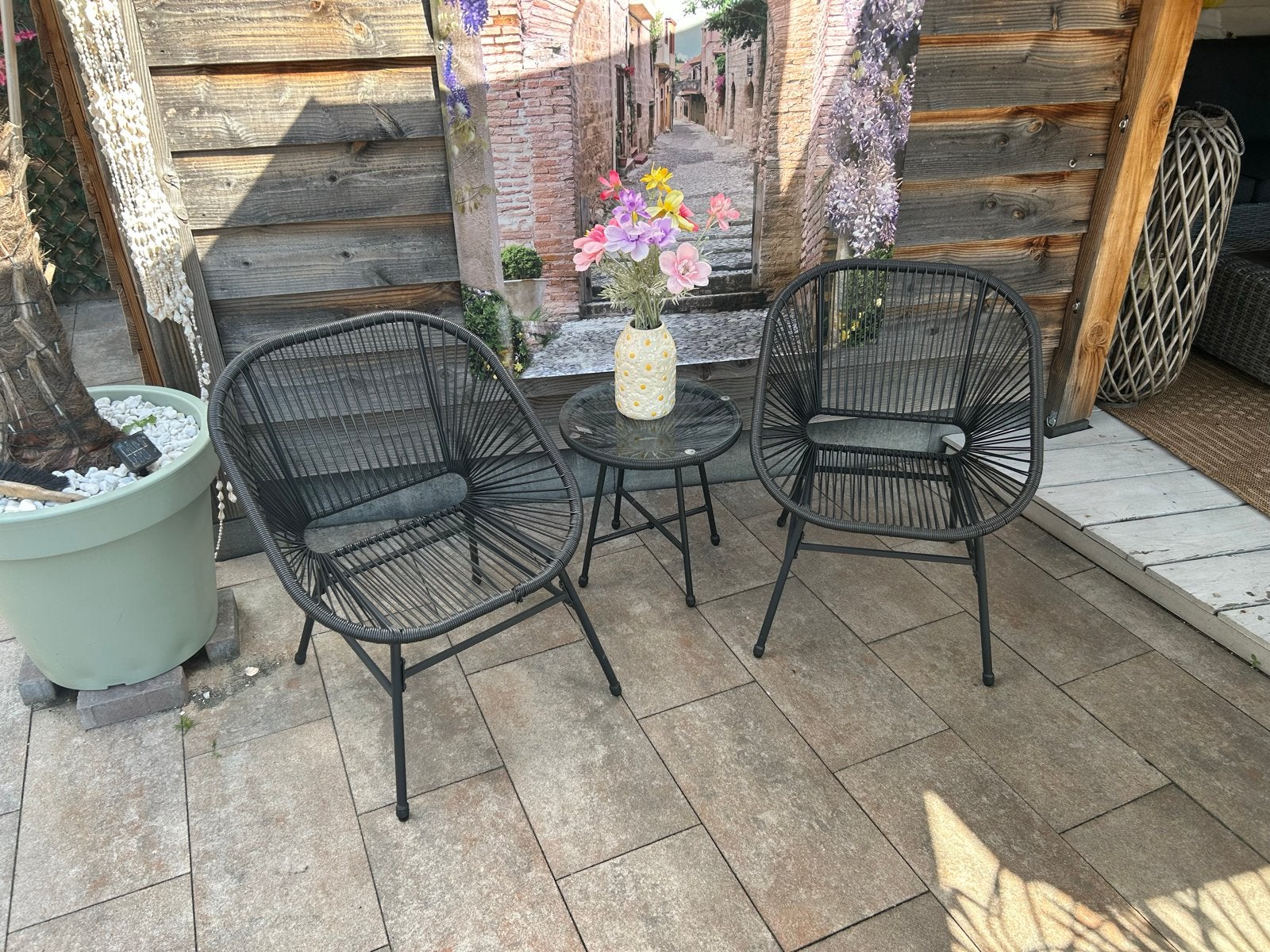 2x Tuinstoelen met bijzettafel - Zwart Wicker, Tuin en Terras, Ophalen, Zo goed als nieuw, Wicker