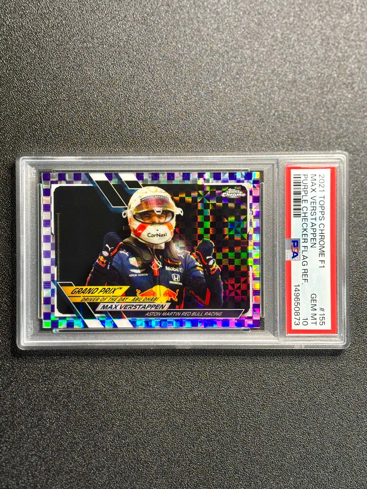 PSA 10 Max Verstappen Topps Chrome F1 Purple Check Flag /199, Ophalen of Verzenden, Nieuw, Plaatje