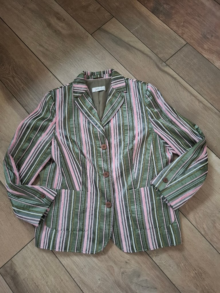 Gelco damesblazer - groen / roze gestreept - maat 46, Meerkleurig, Gelco, Maat 46/48 (XL) of groter, Ophalen of Verzenden