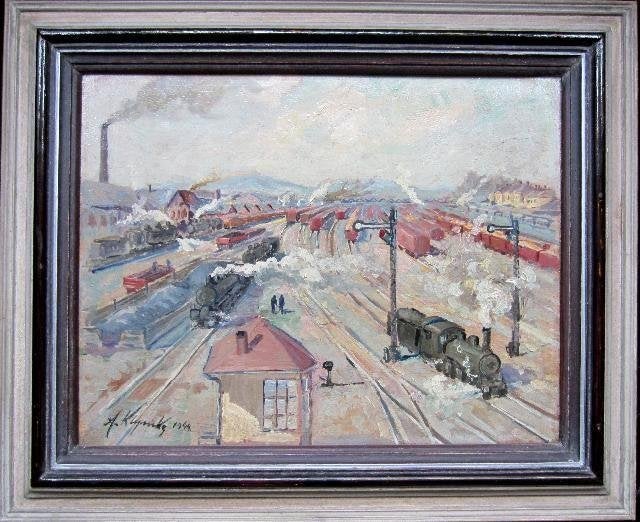 WIE KENT DE SIGNATUUR =industrieterrein met treinen=uit 1944, Antiek en Kunst, Kunst | Schilderijen | Klassiek, Ophalen of Verzenden