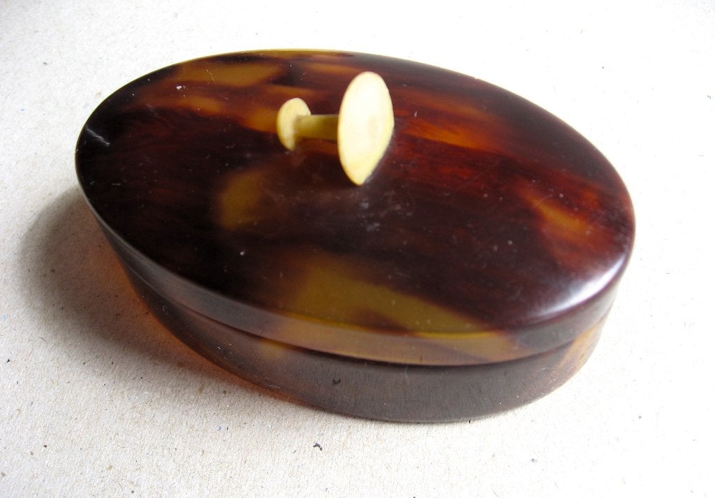 Antieke faux schildpad cellulose knopendoos, Ophalen of Verzenden