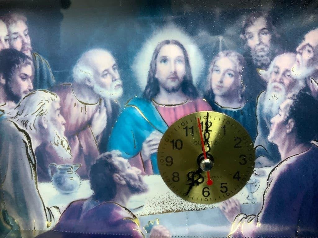 Vintage Quartz klok met afbeelding van Het Laatste Avondmaal, Ophalen of Verzenden, Gebruikt, Overige typen