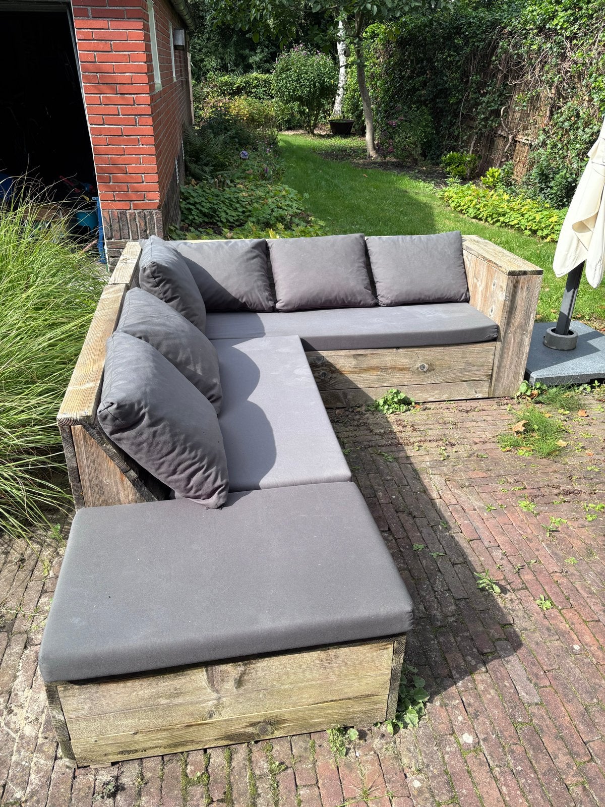 Steigerhouten loungeset met kussens, Tuin en Terras, Ophalen, 5 zitplaatsen, Gebruikt, Steigerhout
