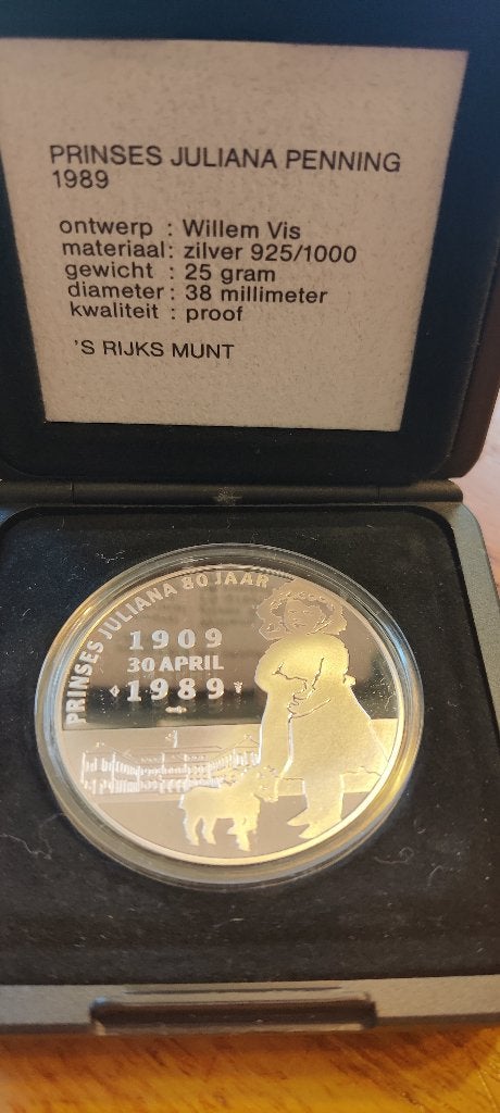 Prinses Juliana Penning 1989 - Zilver 925/1000, Postzegels en Munten, Verzenden, Zilver, Nederland