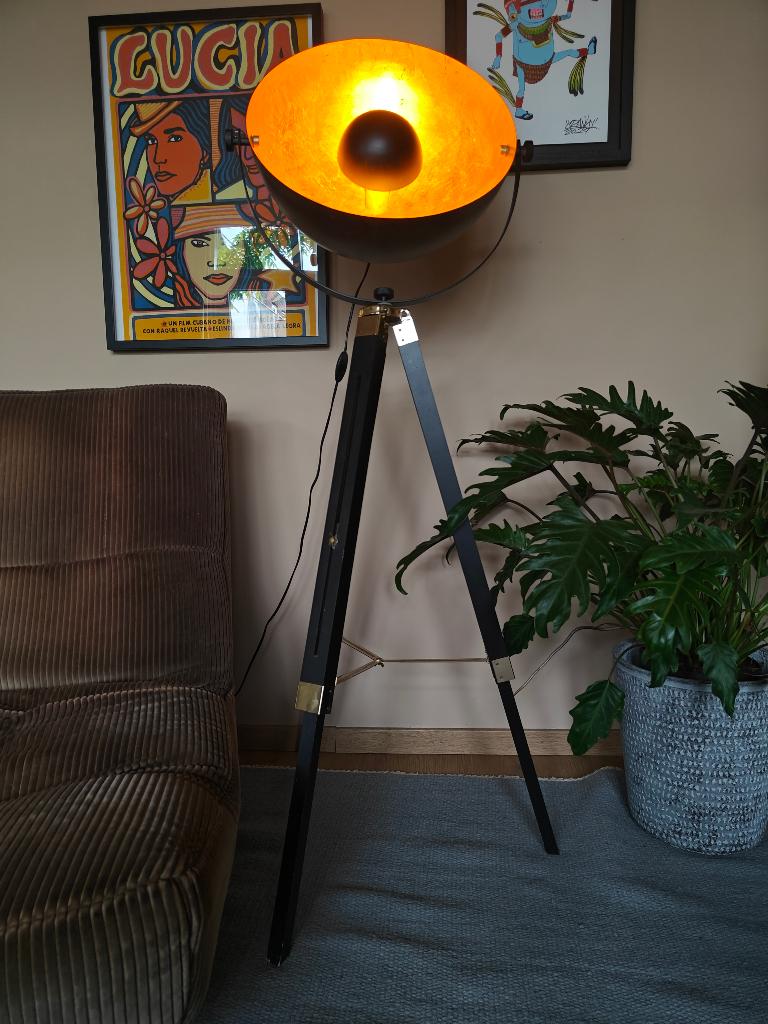 Modern Black Floor Lamp with Brass Details, Ophalen, Mid Century Modern Floor Lamp Black & Brass Design, Zo goed als nieuw, 150 tot 200 cm