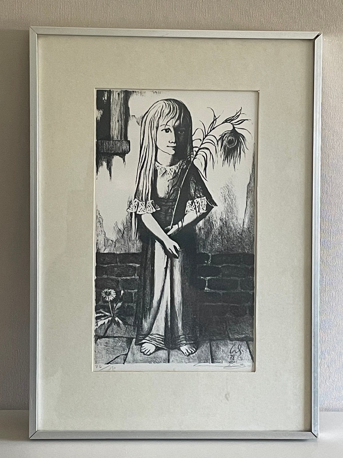 Gesigneerd litho Harrie Sterk (1978) “Meisje met pauwenveer”, Antiek en Kunst, Kunst | Litho's en Zeefdrukken, Portret en Figuren
